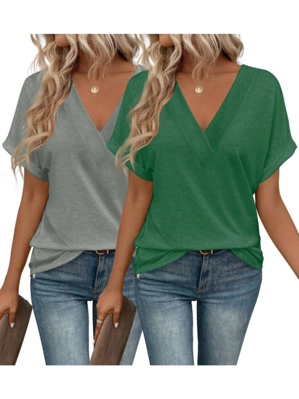 2PCS Women's V Neck Short Sleeve Tees - Casual Summer Beach Vacation Tops